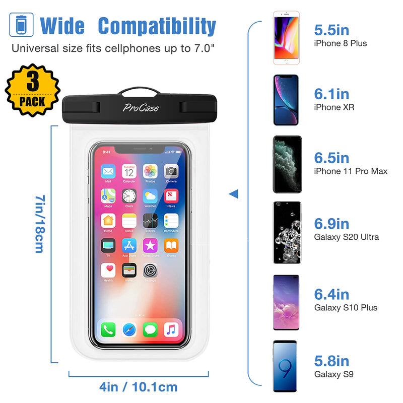  [AUSTRALIA] - ProCase Universal Waterproof Pouch up to 7", Cellphone Dry Bag Underwater Case for iPhone 13 Pro Max/12 11 Pro Max/Xs Max/XR/8 Plus/Mini, Galaxy S21 Ultra A42,Moto,Pixel -3 Pack, Clear