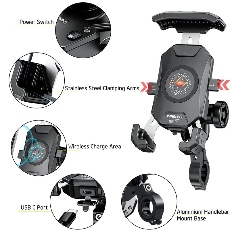  [AUSTRALIA] - iMESTOU Anti-Theft Motorcycle Wireless Phone Mount Charger 15W & USB C 3A Handlebar 1" Ball Stem Phone Holder Works with 12V/24V Vehicle/USB Socket 720 Rotation Quick Charge for 4.0-7.0" Cellphones Double Socket Arm-Wireless & USB C Charge