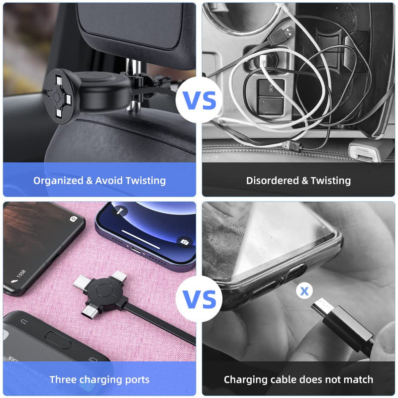  [AUSTRALIA] - Multi Car Retractable Backseat 3 in 1 USB Type C Cord Fast Charging Station Compatible with All Phones | iPhone | Samsung | Android Backseat Passengers Charging Dock Attach to Headrest Small