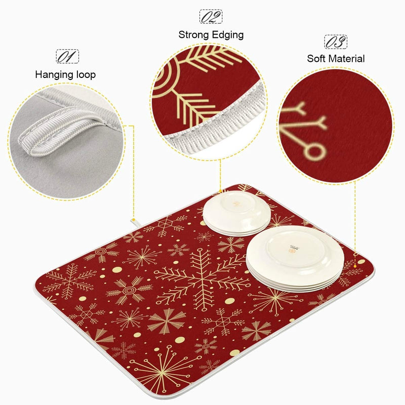  [AUSTRALIA] - Christmas Snowflakes On Red Dish Drying Mat for Kitchen, Absorbent Microfiber Drying Pad Dish Mat, 16" X 18" 16x18in Multi 1