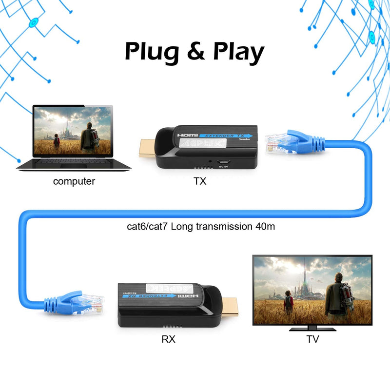  [AUSTRALIA] - 131ft/40m 1080P HDMI Extender Kit USB Powered Transmit HD Video Over Single Cat6/7/8 Cable Up for Laptop, PC, DVD Player 131ft/40m Black