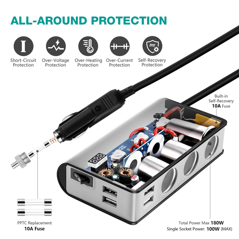  [AUSTRALIA] - OOWOLF Cigarette Lighter Adapter Quick Charge 3.0 180W 12V/24V 3-Socket Power Splitter 4 USB Ports Car Power Adapter Car Splitter for GPS, Dash Cam, Sat Nav, Phone, Tablet, etc Gray