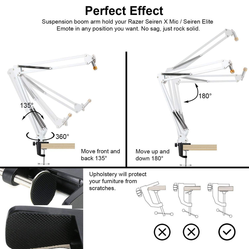  [AUSTRALIA] - YOUSHARES Razer Seiren X White Boom Arm with Pop Filter - Mic Stand with Foam Cover Windscreen Compatible with Razer Seiren X Streaming Microphone(White)