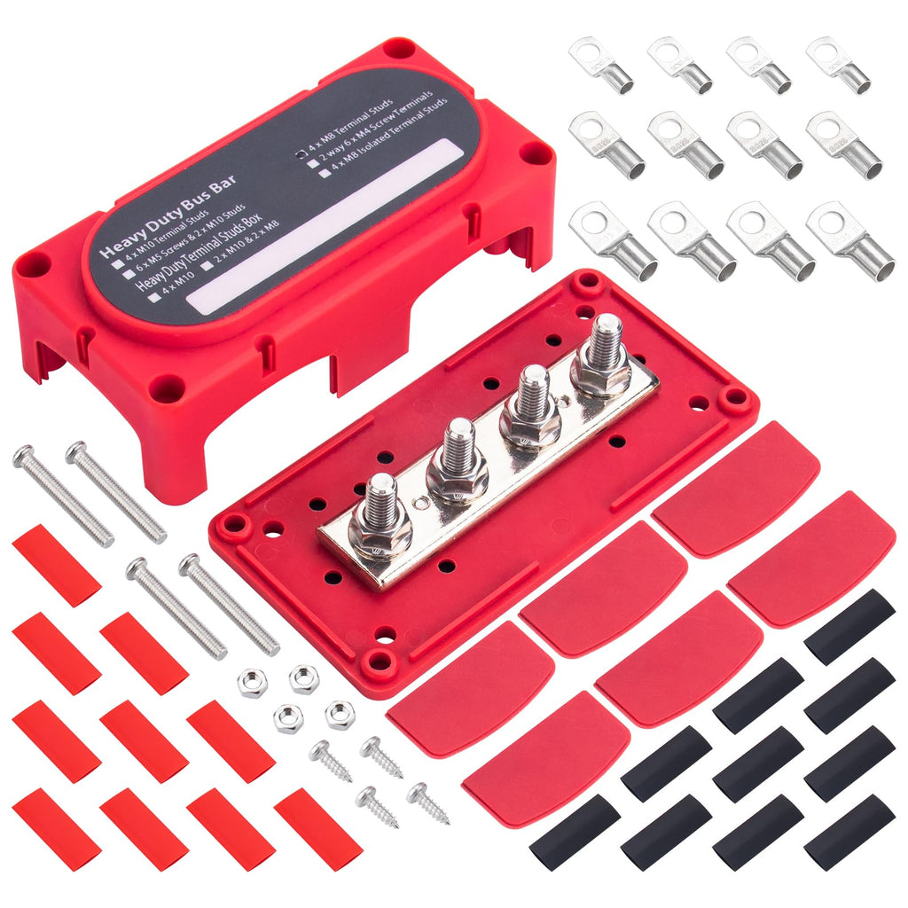  [AUSTRALIA] - 300A Heavy Duty Module Bus BAR, 12V 24V 48V DC Power Distribution Block with 4 x 5/16" (M8) Studs, Gift 12pcs Cable Lugs and 20pcs Heat Shrink Tubing - Marine Bus Bar (RED+) RED+