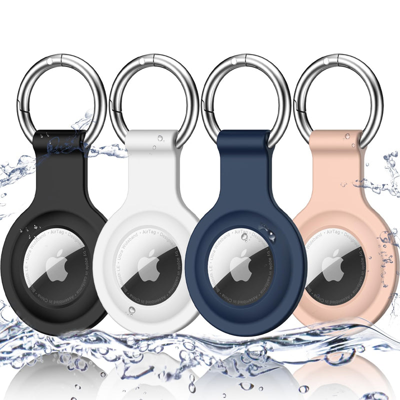  [AUSTRALIA] - R-fun Airtag Holder with Keychain, [4 Pack] Waterproof Silicone AirTag case Cover with Key Rings for Wallet, Dog Collar, Luggage, and Keys.-Black/White/Navy/Sand Pink Black/White/Navy/Sand Pink