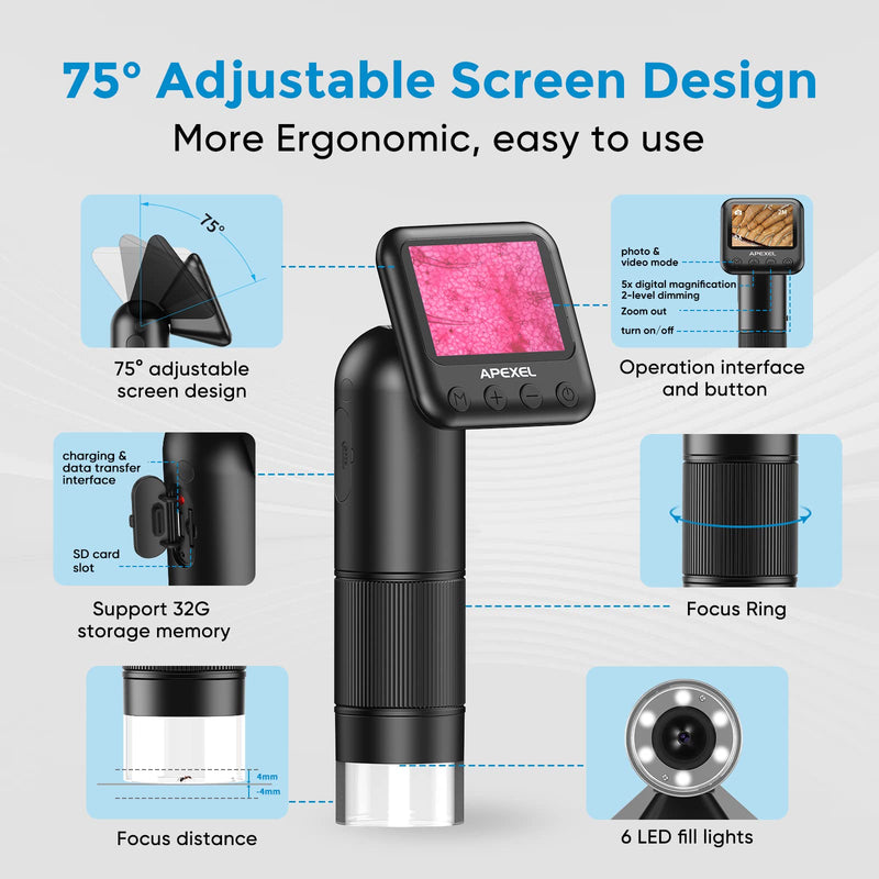  [AUSTRALIA] - APEXEL Handheld Digital Microscope with 2” LCD Screen, 800X Pocket Portable Microscope for Kids with Adjustable Lights Coins Electronic Magnifier Camera, USB to PC Including SD Card