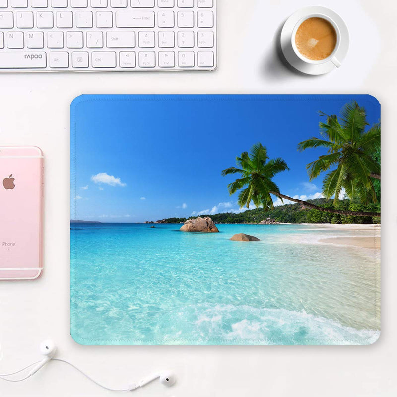  [AUSTRALIA] - Auhoahsil Mouse Pad, Square Beach Style Anti-Slip Rubber Mousepad with Durable Stitched Edges for Gaming Office Laptop Computer PC Men Women Kids, Cute Custom Pattern, Beach and Coconut Trees Design