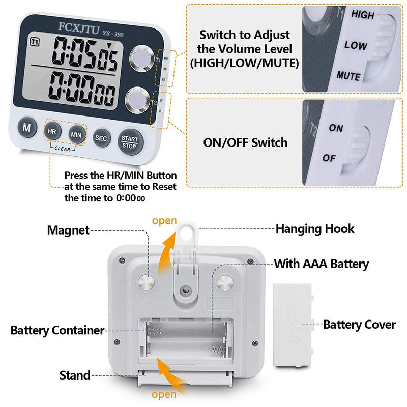 FCXJTU Digital Dual Kitchen Timer, Dual Count UP/Down Timer, Cooking Timer, Stopwatch, Large Display, Adjustable Volume Alarm and Flashing Light with Magnetic Back, Stand, Battery Included (White) YS390 White Grey - LeoForward Australia