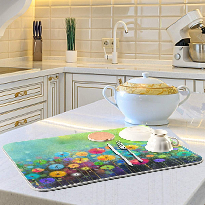  [AUSTRALIA] - Spring Summer Autumn Winter Flowers Dish Drying Mat 16x18 inch Floral Watercolor Rainbow Dandelion Poppy Dish Drainer Kitchen Counter Mats Bottles Dish Dry Pad Protector for Kitchen Countertops 16x18(in)x1