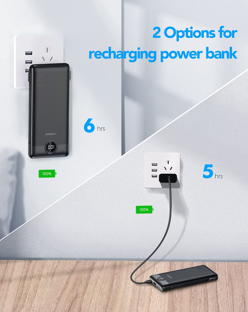  [AUSTRALIA] - VEGER Portable Charger for iPhone Built in Cables Fast Charging USB C Slim 10000 Power Bank, Wall Plug USB Battery Pack for iPhones, iPad, Samsung More Phones Tablets (Black) Black