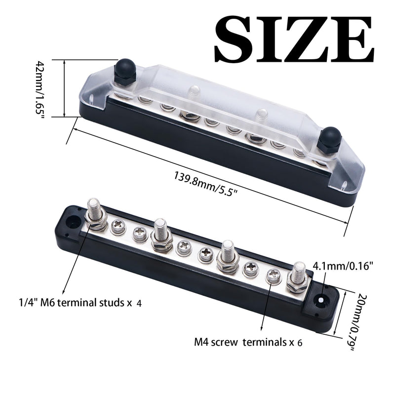  [AUSTRALIA] - 12V Bus Bar Power Distribution Block with Cover 4 x 1/4" Studs 6 x #8 Terminal Screws Marine Battery Bus Bar Terminal Block with Ring Terminals for Caravan RV Car Boat Marine (Red+Black)