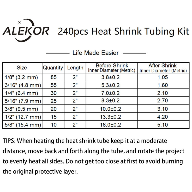  [AUSTRALIA] - ALEKOR Heat Shrink Tubing Kit - 3:1 Ratio Adhesive Lined, Marine Grade Shrink Wrap Industrial Heat-Shrink Tubing - 240 PCS