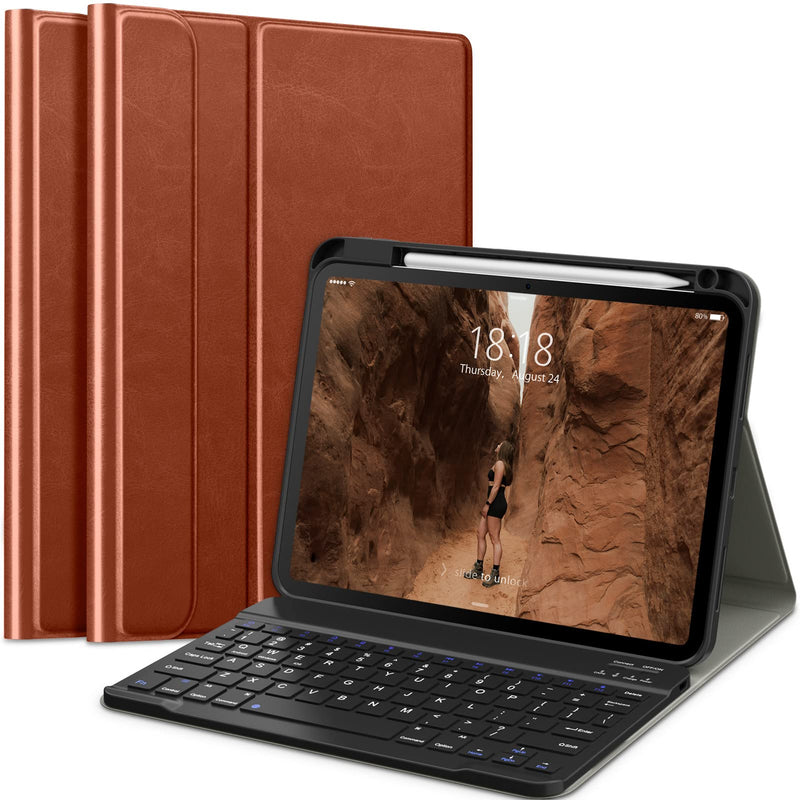  [AUSTRALIA] - Bokeer Keyboard Case for iPad 10th Generation 2022, Leather Folio Smart Cover with Pencil Holder, Magnetically Detachable Wireless Bluetooth Keyboard [Micro USB Charging, Multi-Angle]-Brown Brown&Black