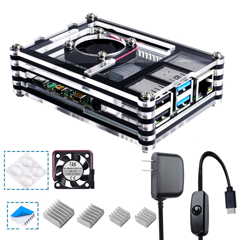 [AUSTRALIA] - Smraza Case for Raspberry Pi 4 Model B, Acrylic Case with Cooling Fan, 4PCS Heatsinks, 5V 3A USB-C Power Supply for Raspberry Pi 4B (RPI 4 Board Not Included) - Black and Clear