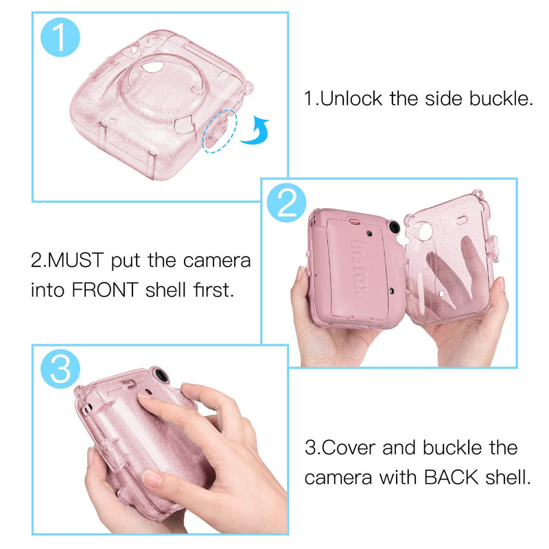  [AUSTRALIA] - Fintie Protective Clear Case for Fujifilm Instax Mini 11 Instant Film Camera - Crystal Hard Shell Cover with Removable Rainbow Shoulder Strap, Glittering Pink