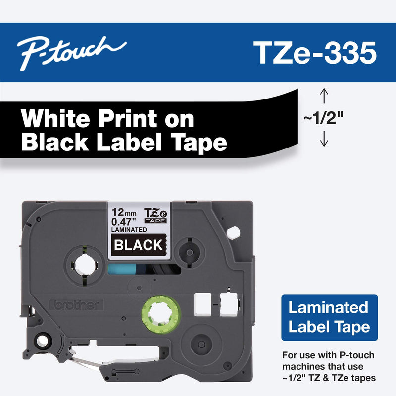  [AUSTRALIA] - Brother Genuine P-touch TZE-335 Label Tape, 1/2" (0.47") Standard Laminated P-touch Tape, White on black, Laminated for Indoor or Outdoor Use, Water Resistant, 26.2 Feet (8M), Single-Pack