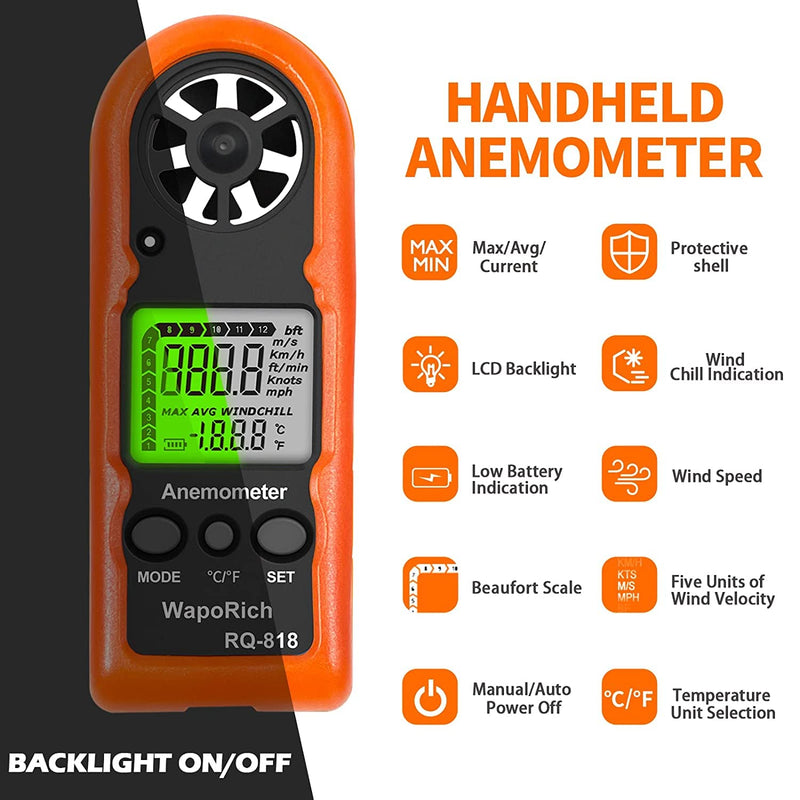  [AUSTRALIA] - Handheld Wind Meter WapoRich RQ-818, Digital LCD Backlight Wind Speed Meter Mini Wind Meter for Measuring Wind Speed/Temperature Portable Wind Meter for Surfing RQ-818 Mini Wind Meter