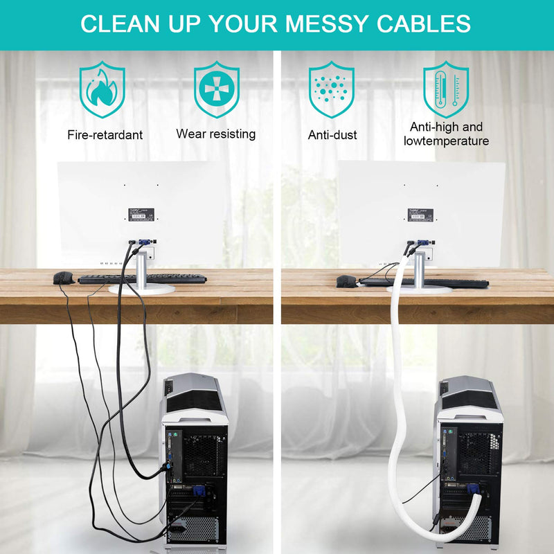  [AUSTRALIA] - 20ft - 1/2 inch White Cable Sleeve, Cable Organizer for Desk PC TV Computer, Wire Protector Cable Wrap Cover, Cord Management for Home Office 20ft, 1/2''