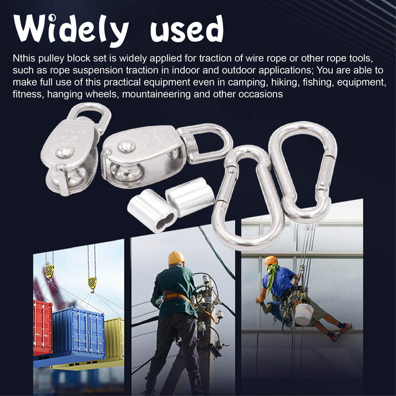 (Lot of 7pcs)2pcs M15 Single Pulley Block for Lifting and 2pcs M6 Carabiner Snap Hook Clips in 304 Stainless Steel,2pcs Aluminum Crimping Loop Sleeves with 1pcs 4mm X 20m Nylon Rope 4MMrope - LeoForward Australia
