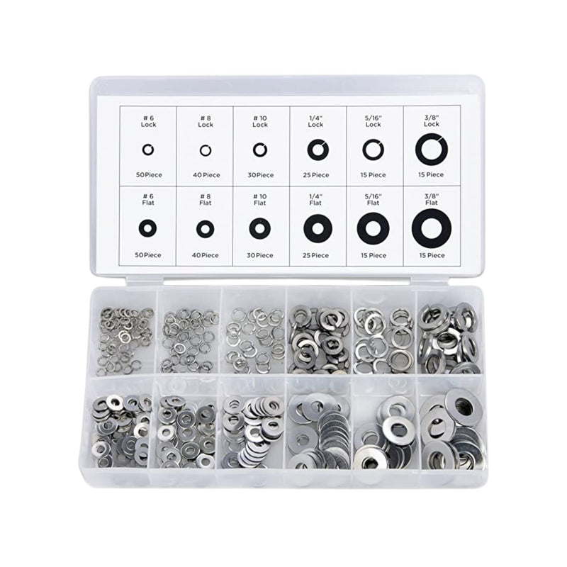  [AUSTRALIA] - NEIKO 50400A Stainless Steel Lock and Flat Washer Assortment | 350 Piece Set | 12 Different Sizes in Spring Lock and Flat Design | Prevent Loose Fasteners