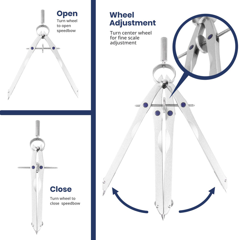 Pacific Arc Metal Professional Compass, Perfect Spring Bow Compass for Math, Geometry, or Drafting, Up to 8" Diameter Large, Comes with Lead and Lock - LeoForward Australia