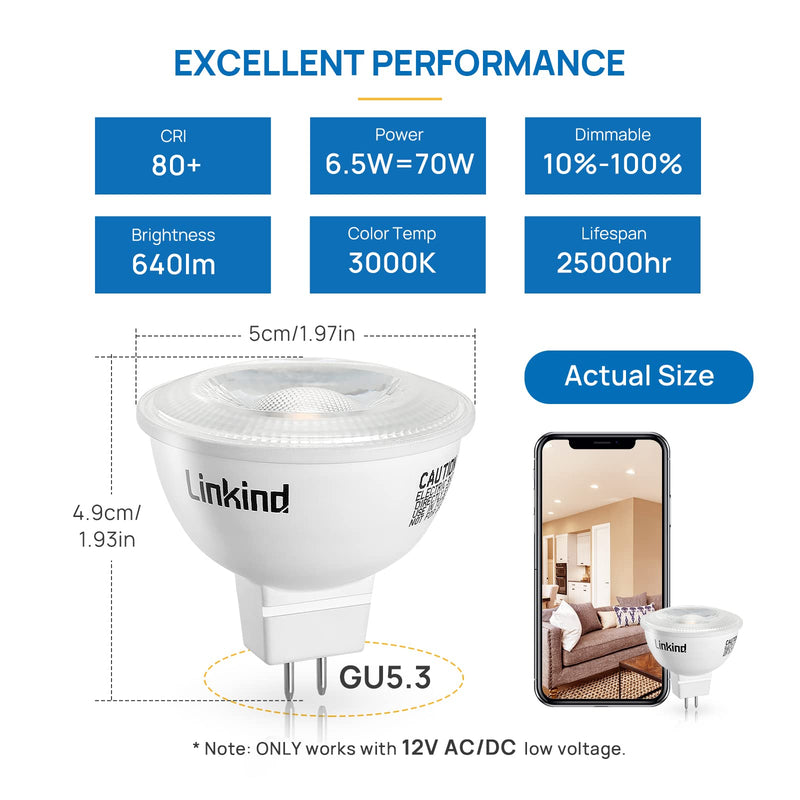  [AUSTRALIA] - Linkind Dimmable MR16 LED Light Bulbs, GU5.3 Bi-Pin Base 70W Equivalent Bulbs, 6.5W 3000K Soft White 640lm 40 Degree Beam Angle Spot Lights, Recessed, Tracking Lights, UL Listed, AC/DC 12V, 6 Packs Gu5.3-warm White 6 Count (Pack of 1)