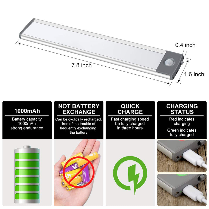 30-LED Motion Sensor Cabinet Light,Under Counter Closet Lighting, Wireless USB Rechargeable Kitchen Night Lights,Battery Powered Light,Uniform Light for Wardrobe,Cabinet,Cupboard（Warm Light）-2Pack Silver-warm White Light 7.8inch-30LED - LeoForward Australia