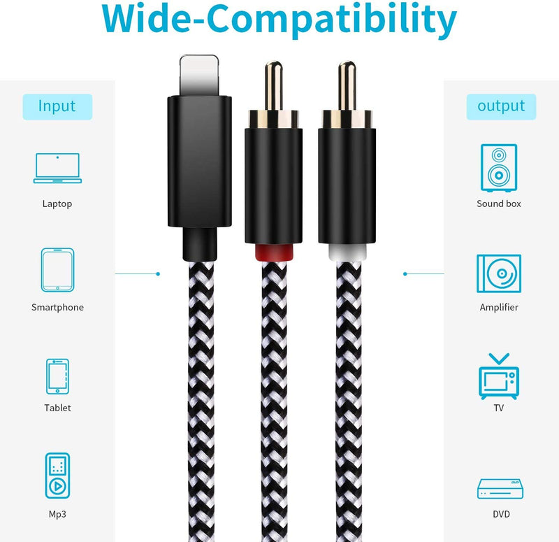 2-Male (6ft) RCA Audio Aux Cable for Phone Stereo Y Splitter Cord Jack Adapter Compatible with Phone Pod Pad Port for Car, Amplifiers, Home Theater, Speaker or More BLACK - LeoForward Australia