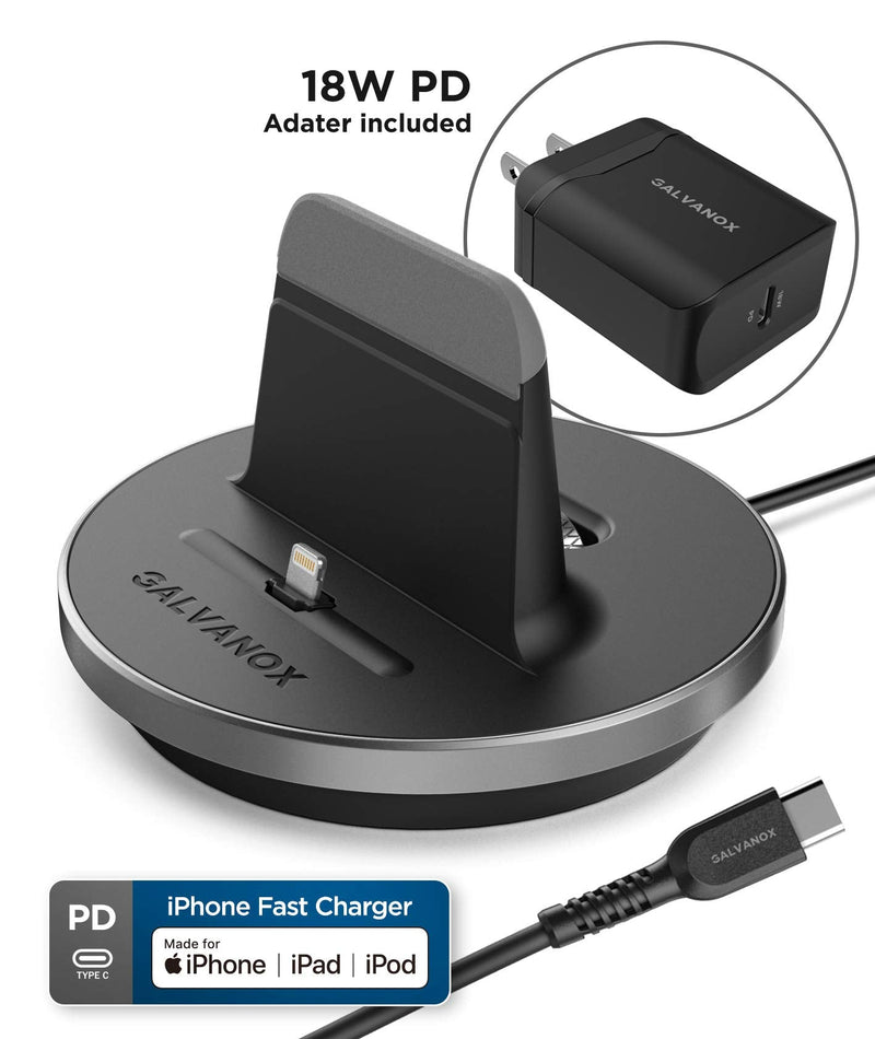  [AUSTRALIA] - GALVANOX iPhone Charger Stand (MFi Certified) Fast Charging Lightning Desktop Holder Dock with Built-in USB C Cable and USB-C 20W Power Adapter for Apple iPhone 8/8 Plus/X/Xs/XR/11/12/13/14 Pro Max