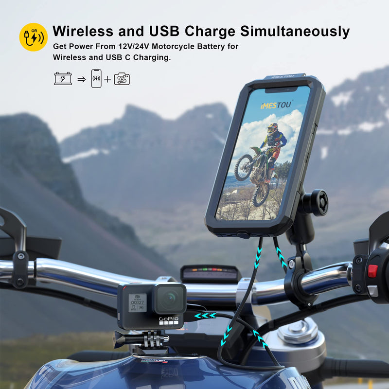  [AUSTRALIA] - Waterproof IP67 Motorcycle Wireless Phone Mount Qi/USB C 3.0 Cellphone Holder Charger-iMESTOU Anti-Thief Handlebar Phone Mounts Double Socket Arm Aluminium Base 720° Rotation for 5.5-6.8" Smartphones L(For 5.5"-6.8" Phones)