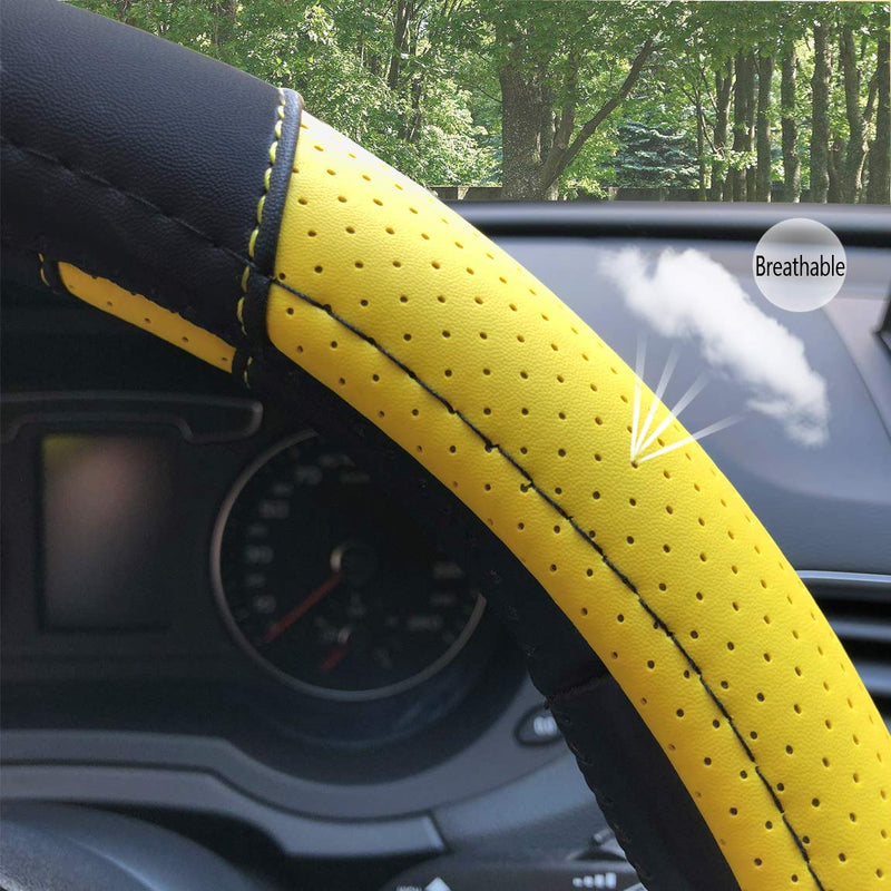  [AUSTRALIA] - BINSHEO Leather Steering Wheel Cover, Breathable, Anti Slip & Odor Free, Black and Yellow Balck Yellow