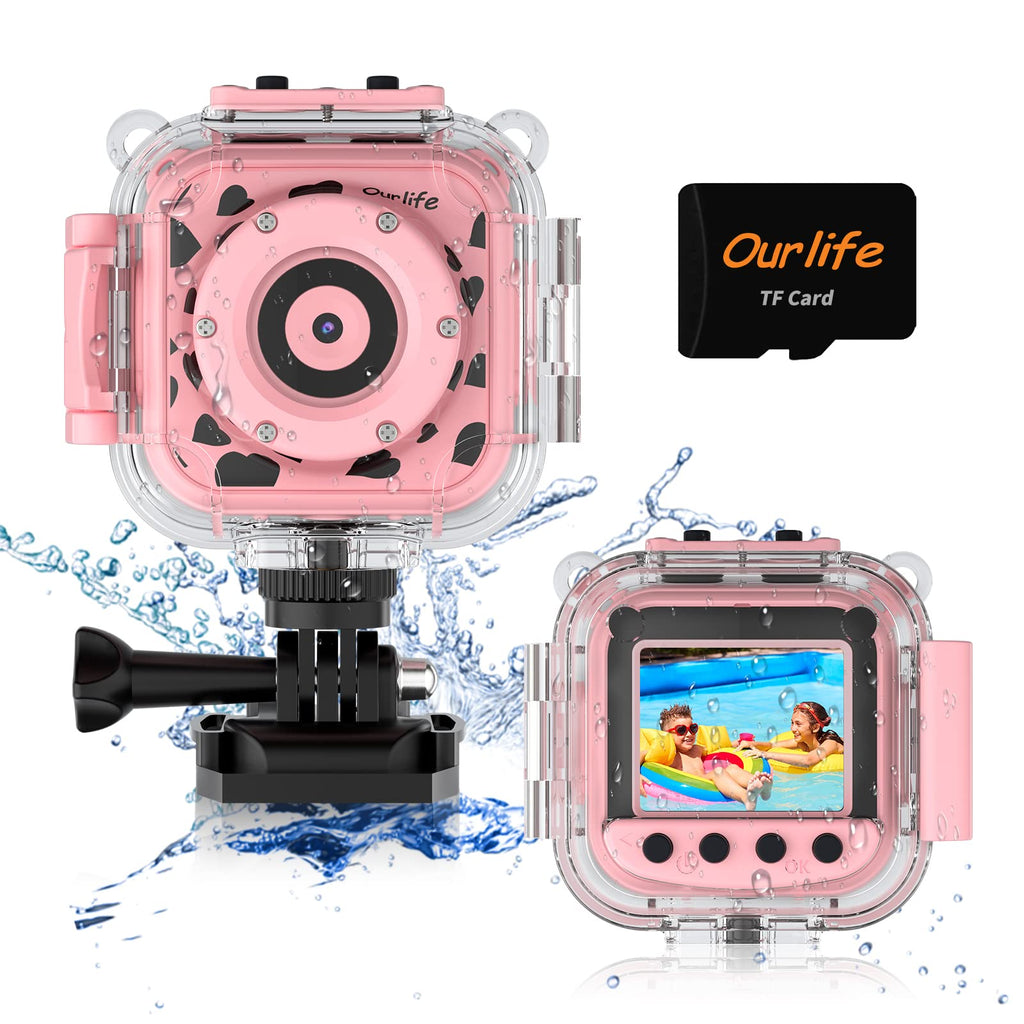  [AUSTRALIA] - Ourlife Kids Waterproof Camera, Kids Camera for Ages 3-12, Camera for Kids Allows Underwater Use - Camcorder 1.77 Inch Screen with TF Card (Pink) Pink
