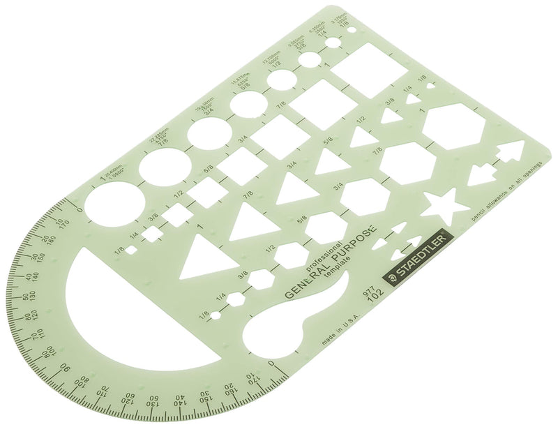 Staedtler Template, Geometric Shapes/Symbols, Protractor, Inch Scale, 9.5 x 5.5 Inches (977102) - LeoForward Australia