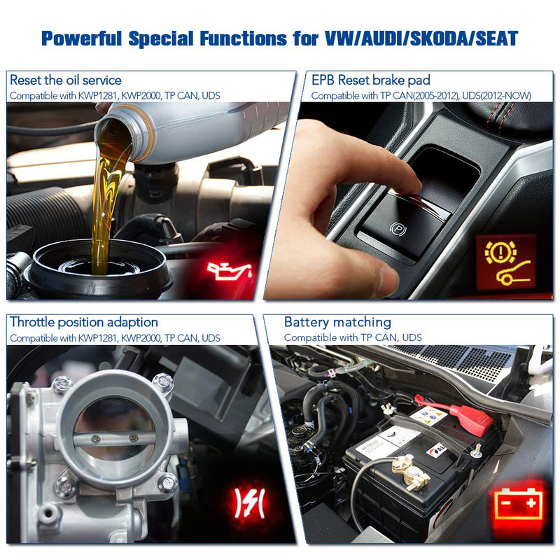 KONNWEI KW350 Full System OBD2 Diagnostic Scanner for VW Audi Skoda Seat Code Reader Automotive Check Engine Light EPB ABS SRS OBDII Scan Tool Oil Throttle Position Adaption Brake Pad Reset Tool - LeoForward Australia