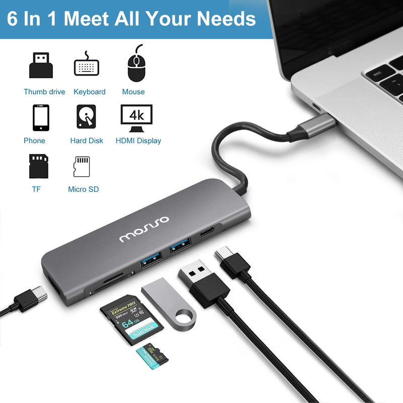 MOSISO USB-C Hub, 6in1 Type-C Multiport Adapter to 65W Power Charging,2 USB 3.0 Ports,SD/TF Card Reader/4K HDMI Compatible with MacBook Pro/MacBook Air/iPad/Dell XPS/More USB Type-C Devices,Space Gray - LeoForward Australia