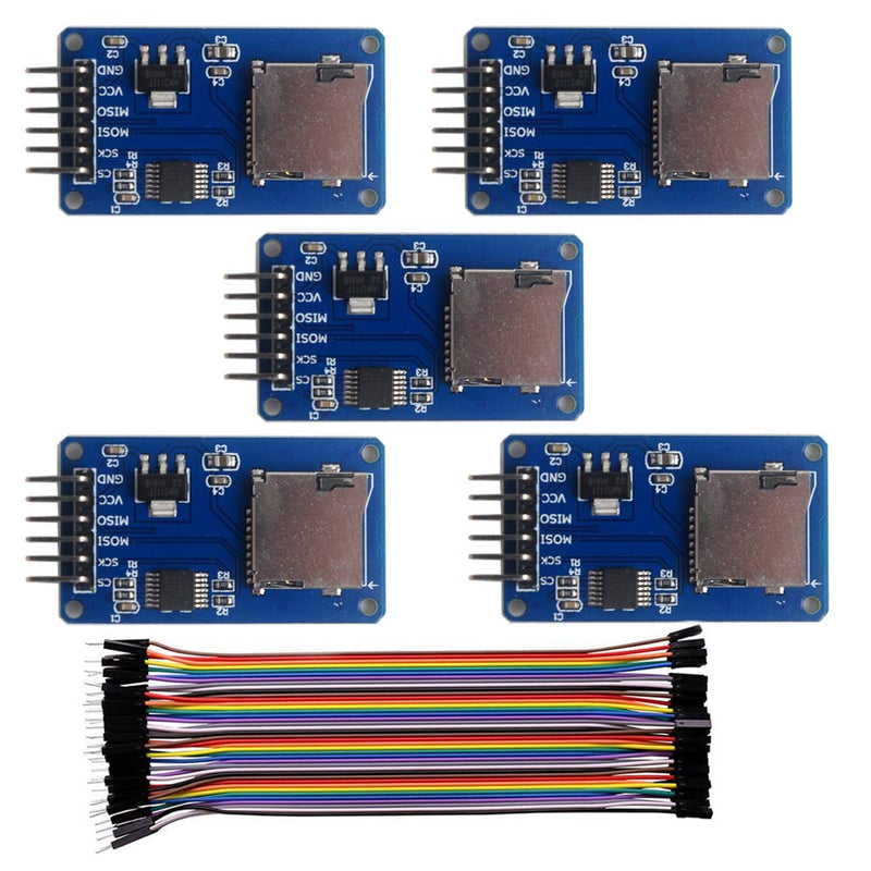  [AUSTRALIA] - Wishiot 5pcs SD Card Module Mini TF Card Reader Sensor with SPI Interface Onboard Level Conversion +1pc 40P Male to Female Dupont Cable for Arduino Mega2560 Nano ESP8266 ESP32 Wemos D1 Mini