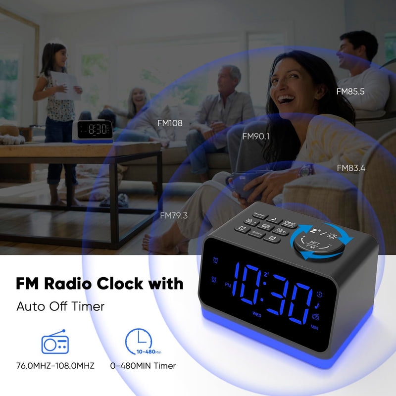  [AUSTRALIA] - Alarm Clock Radio for Bedroom, Small Bedside Alarm Clock with 8 Color Night Light & Time Display, 0-100% Dimmer, 16 Level Volume, Timer Clock, Loud FM Radio Alarm Clock for Heavy Sleepers Adults, Kids