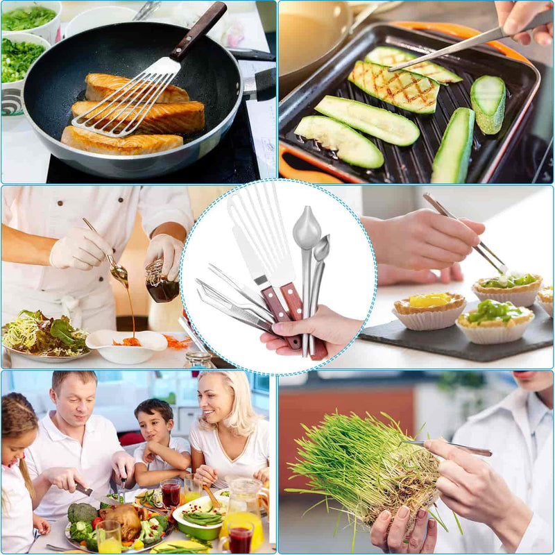  [AUSTRALIA] - Cridoz 7 Pcs Stainless Steel Kitchen Cooking Plating Tweezers Tongs Drawing Spoons Offset Spatula and Fish Spatula for Food Culinary Plating Decorating