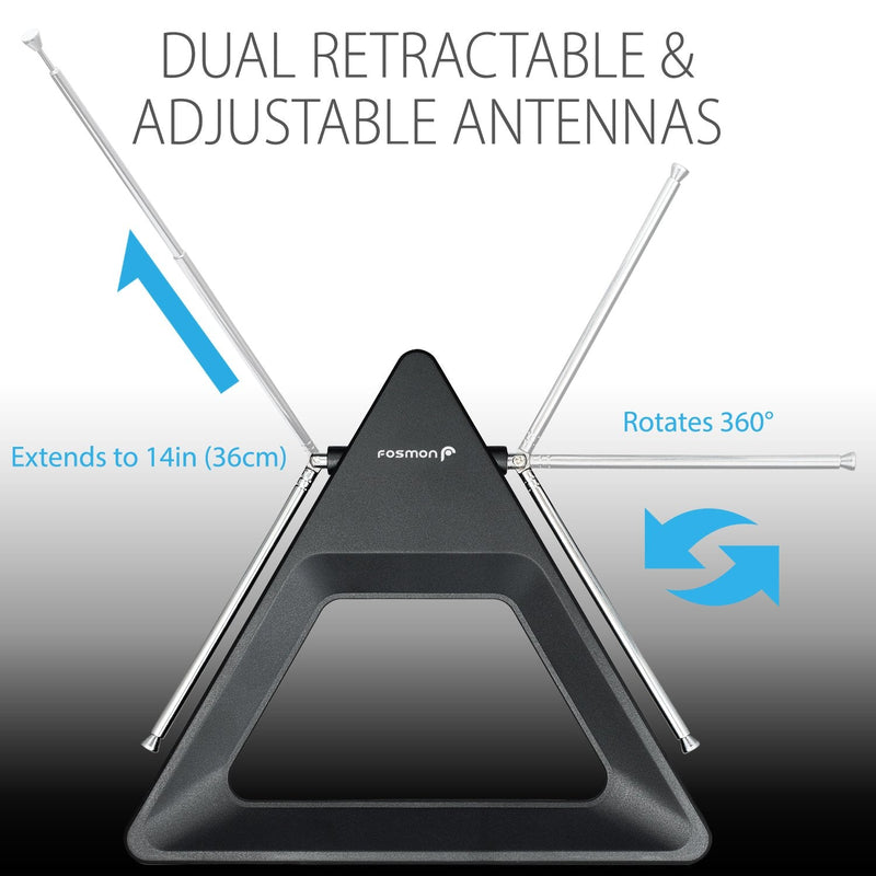  [AUSTRALIA] - Fosmon HDTV Antenna 25-40 Miles Range, Indoor Rabbit Ear TV Antenna, Retractable Dipoles [Wall Mountable or Tabletop] with 5FT Cable Support 4K Ready, ATSC 3.0, UHF, VHF, 1080p Free TV Channel