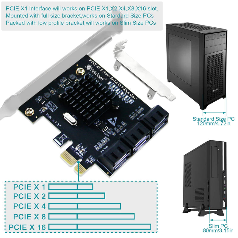  [AUSTRALIA] - FebSmart PCIE 3.0 X1 Interface to 6-Ports SATA 3.0 6Gbps Max Speed Expansion Card-Plug and Play on Windows, MAC OS, Linux System-ASMedia ASM1166 Non-Raid PCIE SATA 3.0 Controller (FS-S6X1-Pro) Matt Black-6Ports