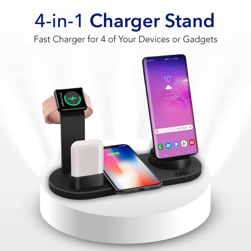  [AUSTRALIA] - Charging Dock Stations - 4-in-1 Wireless Charging Pad, Rotating Plug Multi-Device Charger for Apple iPhone, AirPods, iWatch, Samsung Galaxy S20, and Other Qi-Enabled Devices, Black