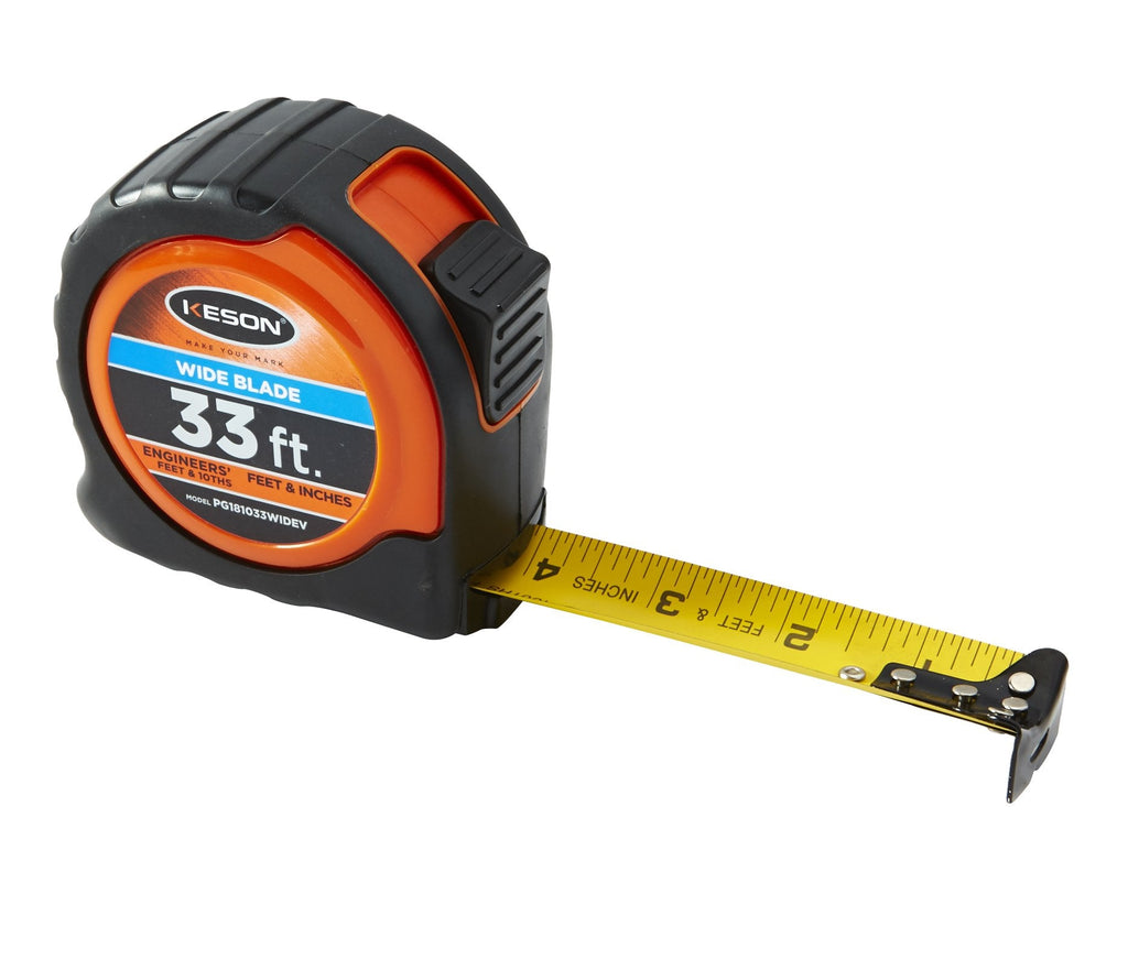  [AUSTRALIA] - Keson PG181033WIDEV Short Tape Measure with Nylon Coated Steel Wide Blade (Graduations: 1/10, 1/100 & ft, in, 1/8), 1-3/16-Inch by 33-Foot ft, in, 1/10, 1/100 & ft, in, 1/8, 1/16