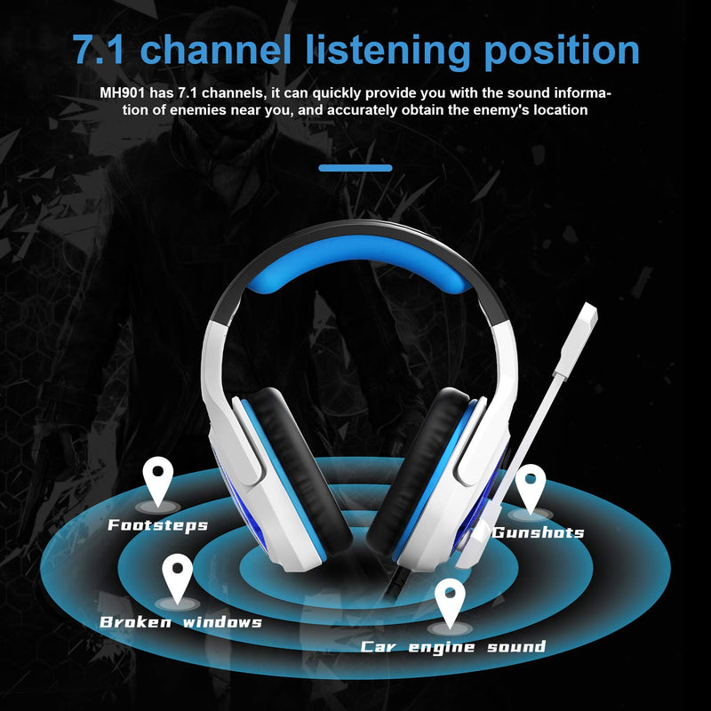 [AUSTRALIA] - Anivia Gaming Headset 7.1 Surround Sound Headphone with USB Port Over-The-Ear Noise Cancelling, Volume Control, LED Lights Wired Headset with Mic for PC, Mac, Laptop, Computer (White) White Blue (USB)