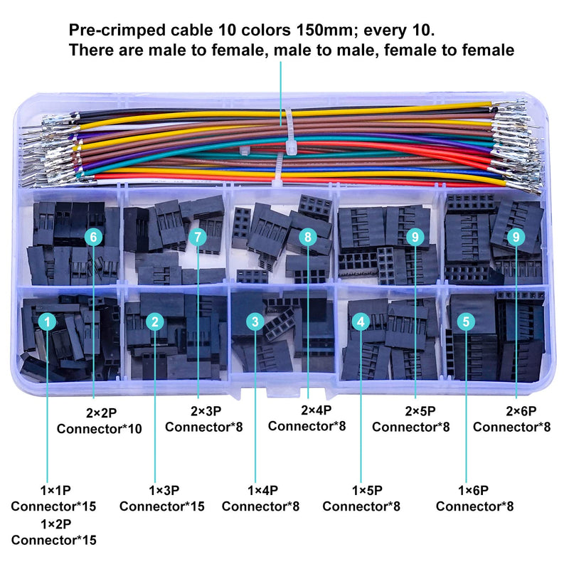  [AUSTRALIA] - Keszoox Dupont 2.54mm JST Connector Kit with 22AWG Premium Pre-Crimped Cables, Dupont 1 and 2 Rows Connectors 1/2/3/4/5/6 Pin Housing with Length of 150mm Male & Female Wire Cable