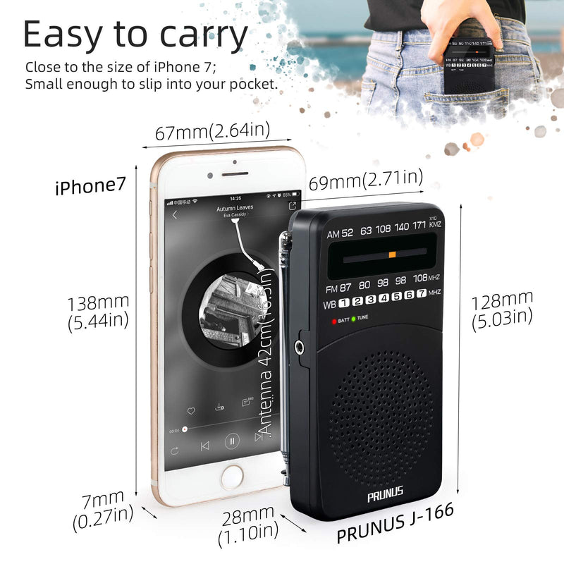  [AUSTRALIA] - PRUNUS AM FM WB Radio Portable, Transistor Radio with Back Clip, Signal Indicator, Battery Operated Radio with Excellent Reception for Outdoor Indoor Black