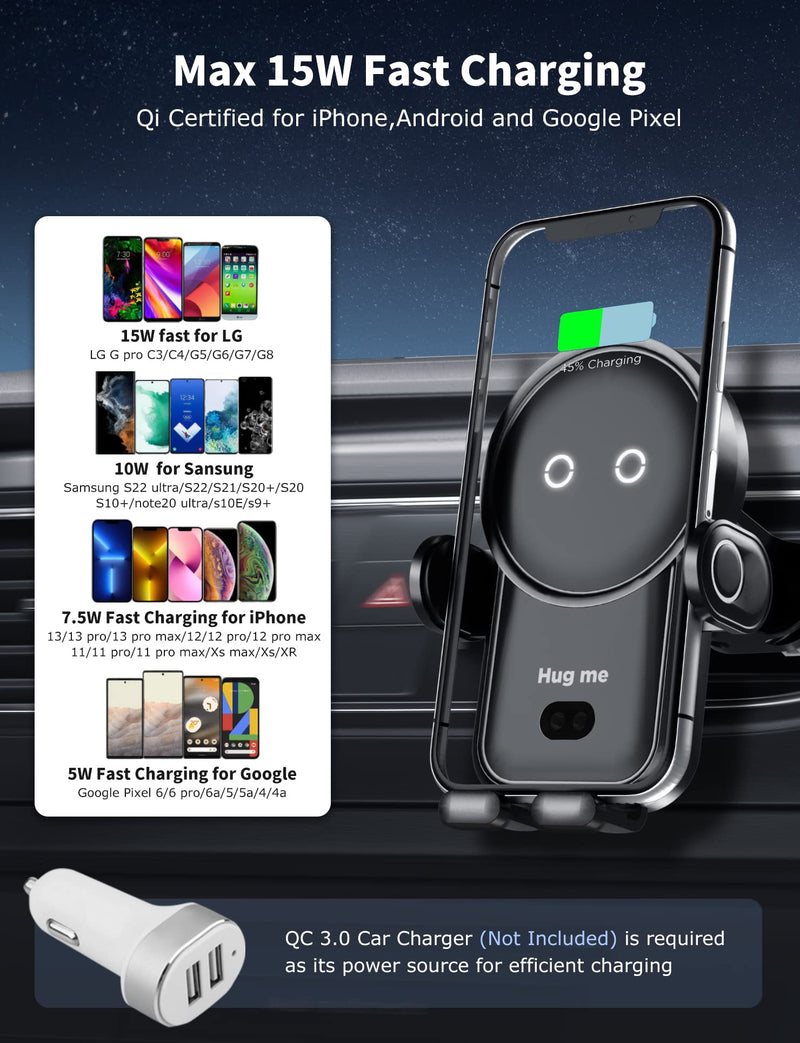  [AUSTRALIA] - Wireless Car Charger, BENBOAR 15W Fast Charging Kharly Car Phone Holder, Smart Sensor Auto-Clamping Astronaut Styling Phone Mount Car Air Vent Stand for iPhone Samsung Google LG etc Smartphones, Black