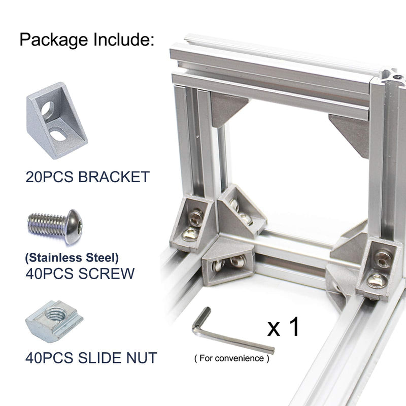  [AUSTRALIA] - Aluminum Extrusion 20Pcs 2020 Aluminum Profiles Corner Brackets Set with 40Pcs M5 T Slot Nuts and Bolts for T Slot Rail 2020 T Slot Aluminum Extrusion