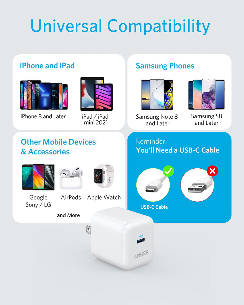  [AUSTRALIA] - USB C Charger, Anker 20W PIQ 3.0 Fast Charger with Foldable Plug, PowerPort III Charger for iPhone 14/14 Plus/14 Pro/14 Pro Max/13, iPad/iPad Mini, MagSafe, and More (Cable Not Included)