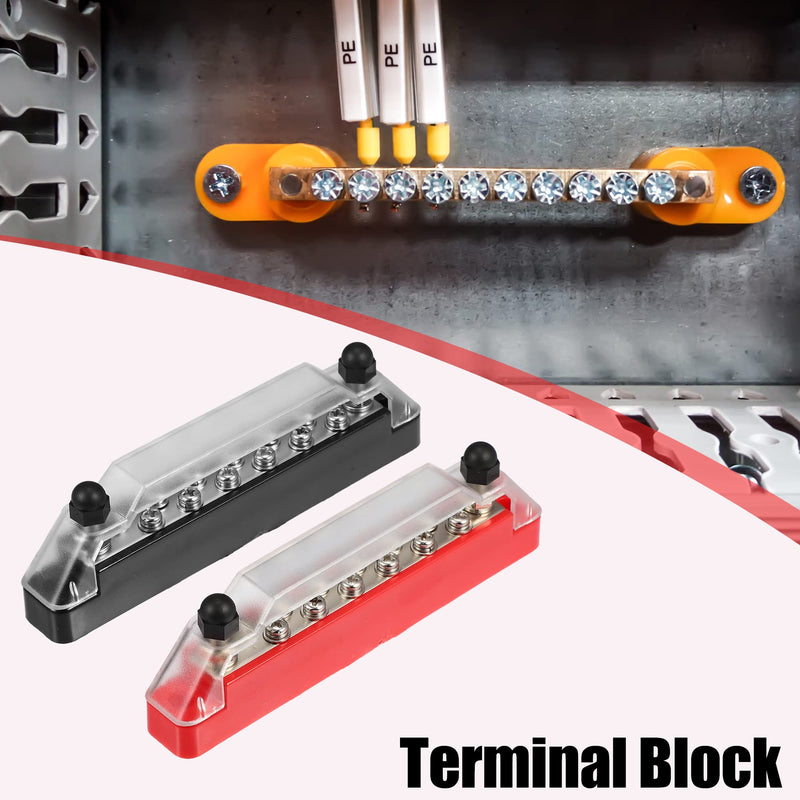  [AUSTRALIA] - X AUTOHAUX 1 Set Black Red Power Distribution Terminal Block with Cover with 2 x 1/4" M6 Terminal Studs 12 x Terminal Screws Battery Bus Bar with Ring Terminals for Car Boat Marine RV