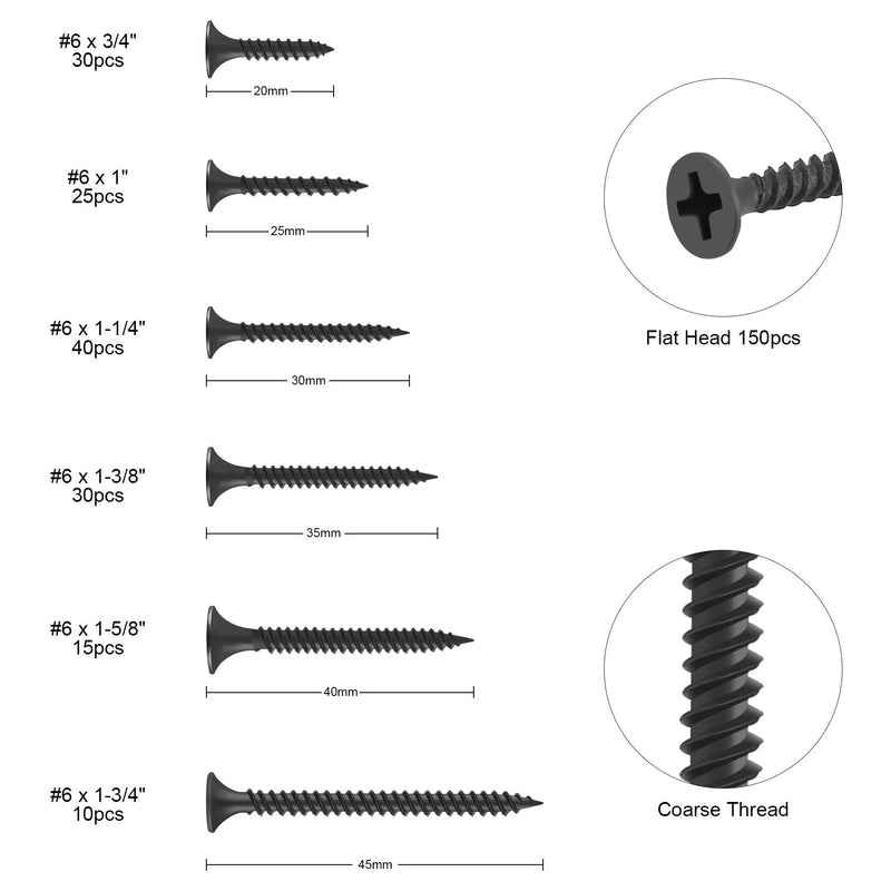  [AUSTRALIA] - FARRAY #6 Drywall Screws, 150pcs Phillips Wood Screws Assortment Kit, Carbon Steel Black Self Tapping Screws, Screw Set for Drywall Sheetrock, Furniture